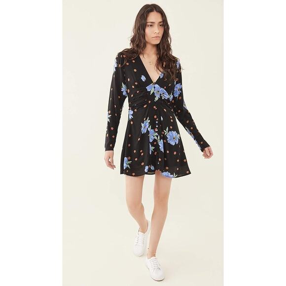 Free People Date Night Mini Dress in Moonlight Combo Black Floral Long Sleeve XS - Picture 2 of 10
